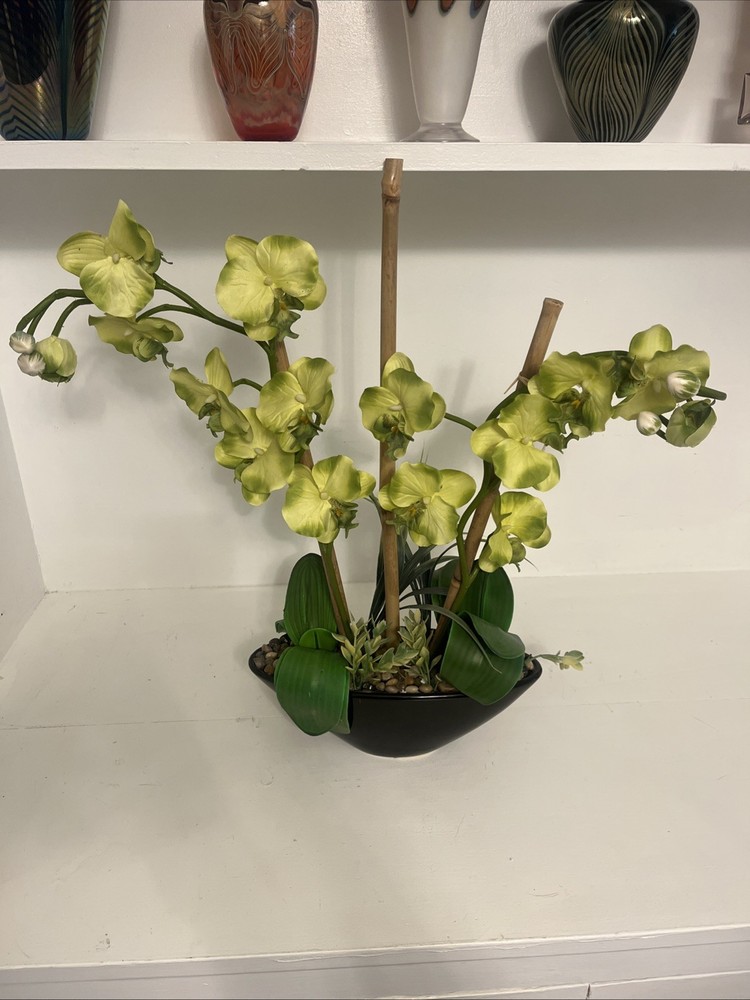 Huge Orchid Flower Display 17in Green Artificial Silk Flowers in Black Pot Faux