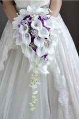 Bridal Bouquet, Wedding, Calla Lilies, Waterfalls, Water Drop Style-Purple