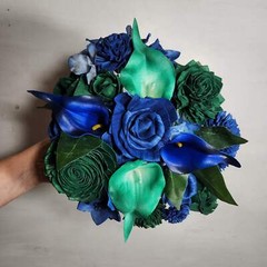 Navy Blue Hunter Green Rose Calla Lily Sola Bridal Wedding Bouquet Accessories