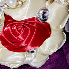 Bridal Satin Rose Brooch Bouquet w/ Rhinestones & Pearls Red Ivory Wedding