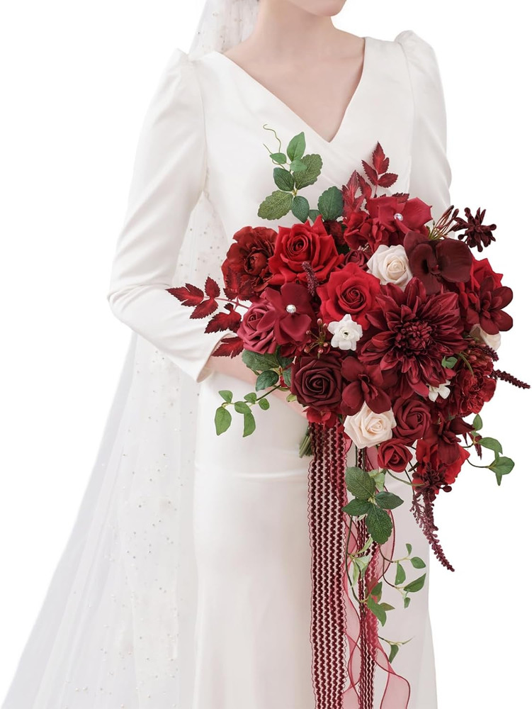 Burgundy Red 15″ Cascading Artificial Wedding Bouquet for Bride & Events