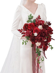 Burgundy Red 15″ Cascading Artificial Wedding Bouquet for Bride & Events
