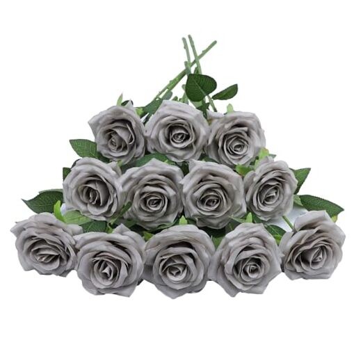 Artificial Rose Flower Rose Flowers with Long Stem Silk Roses 12pcs Grey