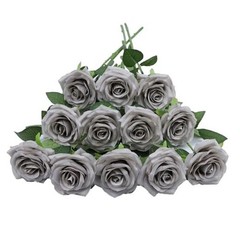 Artificial Rose Flower Rose Flowers with Long Stem Silk Roses 12pcs Grey