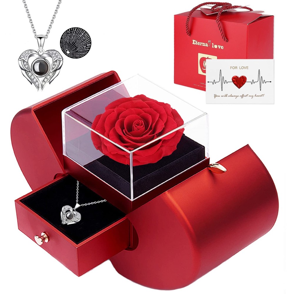 Preserved Real Rose with I love you Necklace 100 Languages, Gifts middle, red