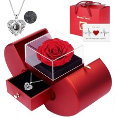 Preserved Real Rose with I love you Necklace 100 Languages, Gifts middle, red