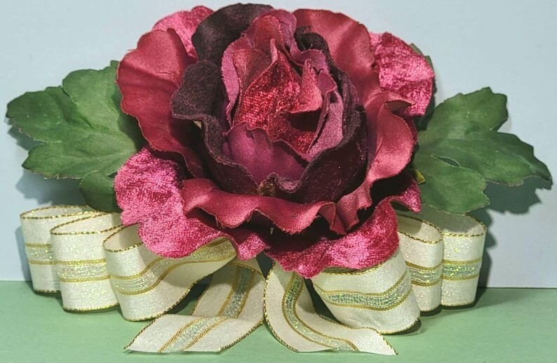 Large Deep Red Velveteen Silk Rose & Bow Corsage Princess “Kachi” Garden Flower