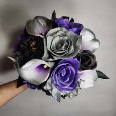 Purple Silver Black Rose Calla Lily Real Touch Bridal Wedding Bouquet Accessorie