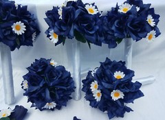 18 Pc. Wedding Bouquet Package, Navy Blue Roses, White Daisies, Wedding Bouquet