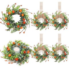 6 Pcs Thanksgiving Candle Rings Wreaths Decorative Artificial Orange, Green