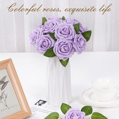 Artificial Flowers Fake Roses with Stems Boxed Foam Roses for DIY 16Pcs Purple