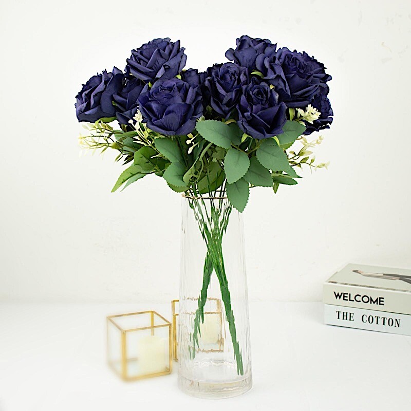NAVY BLUE 2 Bushes 18″ ARTIFICIAL Faux Silk Rose FLOWERS Bouquet Decorations