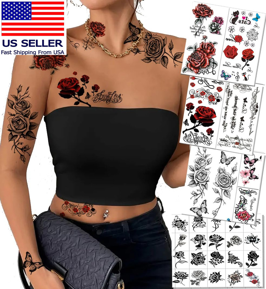 32Pcs Red Temporary Rose Flower Arm & Leg Tattoo Stickers, Sexy Stripper Chest &
