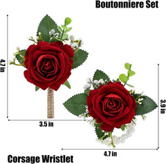 2Pcs Red Rose Corsage and Men Boutonniere Set, Wrist Band Bracelets, for Wedding