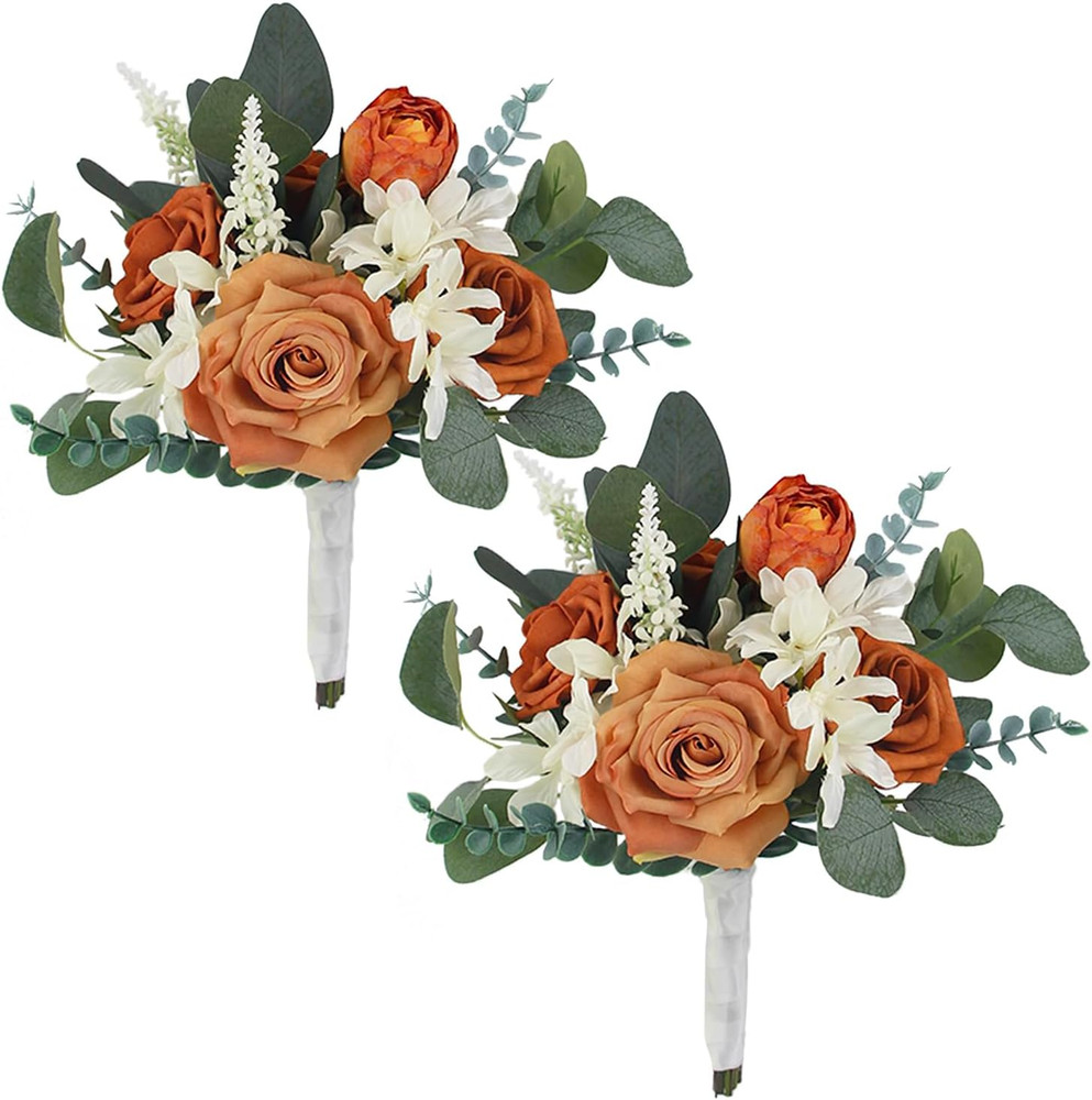 Burnt Orange Bridesmaid Bouquets – 2Pcs Artificial Boho Wedding Flowers