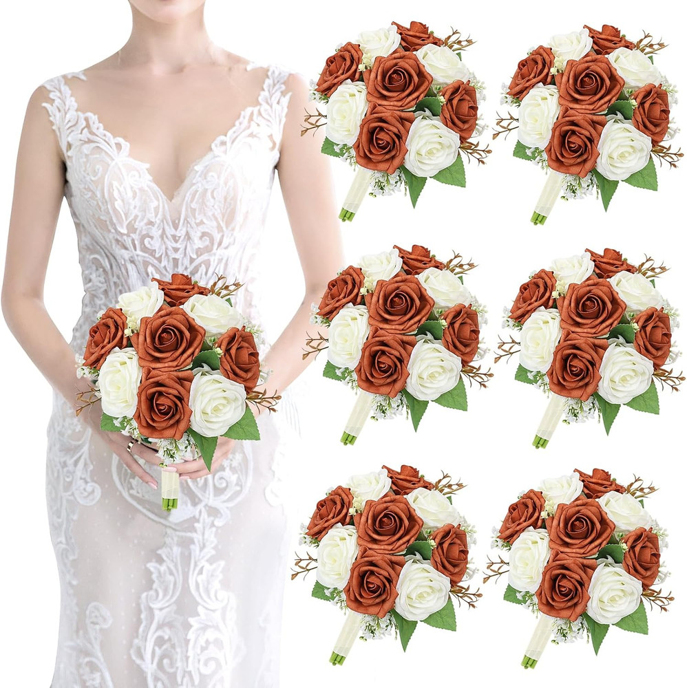 Set of 6 Artificial Bridesmaid Bouquets – Burnt Orange & White Floral Decor