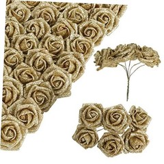 Roses Artificial Flowers,60pcs Mini Glitter Flowers 1.57in Fake Roses with Gold