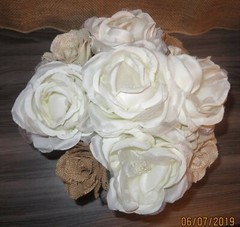Burlap Roses & White Silk Rose Handmade Arrangement in Metallic Pot