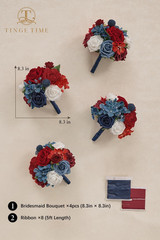 Set of 4 Red & Navy Blue Bridesmaid Bouquets – Silk Flower Wedding Decor
