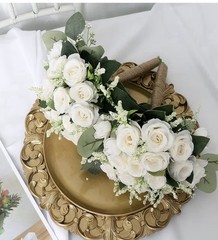 Artificial White Rose & Eucalyptus Wedding Flower Bouquets Set of 6, 9in x 11in