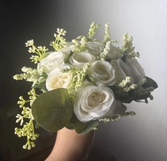Artificial White Rose & Eucalyptus Wedding Flower Bouquets Set of 6, 9in x 11in