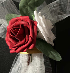 Artificial Rose Wedding Corsage w/ Tulle, Red White Green Floral Arrangement