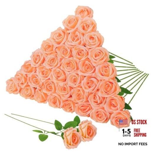 36 Pcs Artificial Roses with Long Stems, Fake Silk Rose Artificial Peach Pink