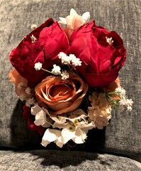 Red, Pink and White Faux Flower Wedding Bouquet with Ribbon & Pearl Embellishmnt