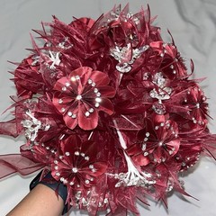 Burgundy/ Maroon Ramo Quinceañera Ribbon/ Clear Crystals / Beads Bouquet