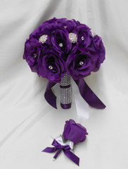 Wedding Silk Flower Bridal Bouquet 2 pieces Bride Groom Purple Eggplant Brooch
