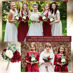 Burgundy & White Silk Rose Bridesmaid Bouquets Set of 8 for Weddings