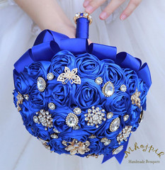 9.8″ Royal Blue Bridal Wedding Bouquet round Bling Brooch Bouquet Throw Toss Art