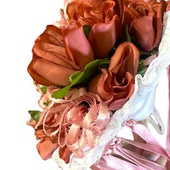 VTG Silk Flower & Lace Streamers Wedding Bridal Bouquet Red Rose & Pink Ribbons