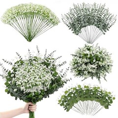 110 Pcs Mixed Artificial Eucalyptus Stems with Baby’s Breath Bulk Faux