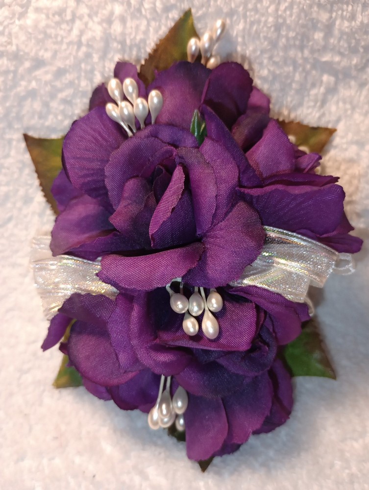 NEW Purple Artificial Rose Wrist Corsage With Iridescent Ribbon & White Accents