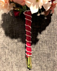 Red, Pink and White Faux Flower Wedding Bouquet with Ribbon & Pearl Embellishmnt