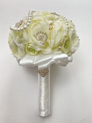 Handmade Wedding Bouquet White Light Green Pearl Artificial Flower Bling Bridal