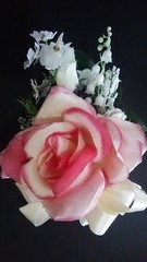 CORSAGE>PINK FUCHSIA IVORY>ROSES/LILY OF THE VALLEY/ORCHIDS>IVORY/PINK RIBBONS