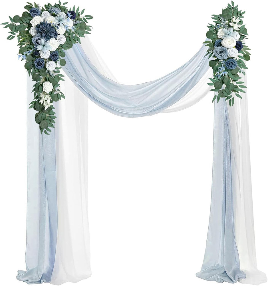 Dusty Blue Wedding Arch Flowers Kit with Draping Fabric – 4 Pcs Set