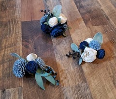 Dusty Blue Navy White Wedding Cake Flowers 3PC Artificial Sola Wood Decorations