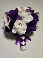 7 Pieces Artificial Flowers Purple White Roses Calla Lilies Wedding Bouquet Set