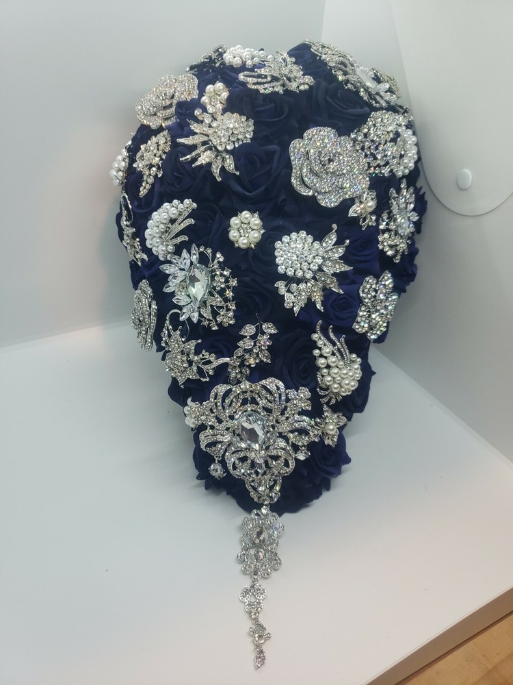 11” Rhinestone Brooch Bridal Bouquet Navy Blue Wedding Rose with Jewel Décor