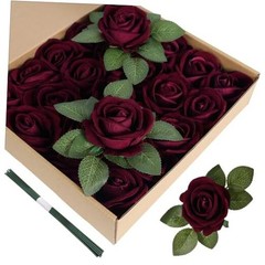 Artificial Flowers Velvet Roses 25 PCS Real Look Silk Flowers with Burgundy
