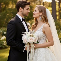 Elegant White Champagne Artificial Rose Wedding Bouquets for Bride & Bridesmaid
