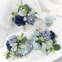 10 Silk Rose Bridesmaid Bouquets – Rustic Blue Floral Centerpieces, 7 Inch