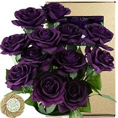 12 Stems Artificial Flowers Real Touch Silk Roses for Mysterious Purple
