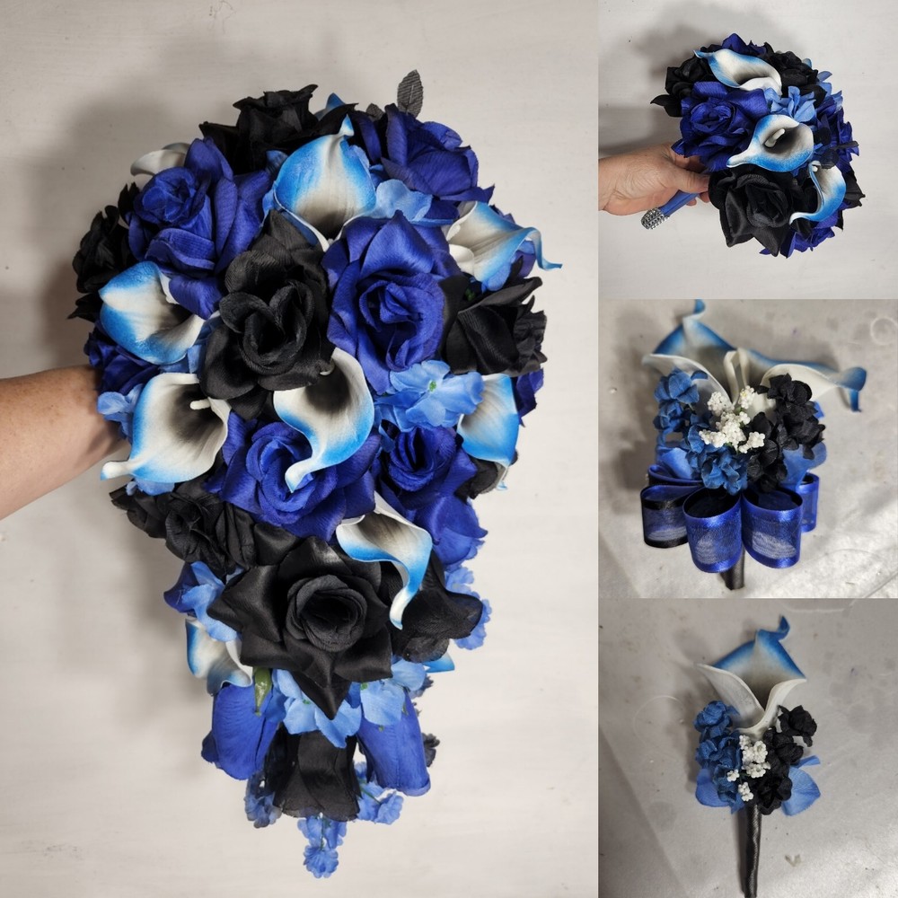Black Royal Blue Rose Calla Lily Bridal Wedding Bouquet Accessories