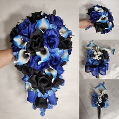 Black Royal Blue Rose Calla Lily Bridal Wedding Bouquet Accessories