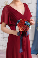 Set of 4 Red & Navy Blue Bridesmaid Bouquets – Silk Flower Wedding Decor