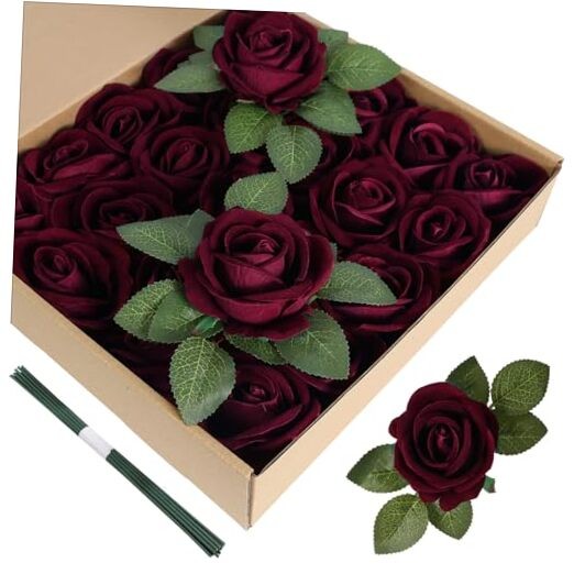 Artificial Flowers Velvet Roses 25 PCS Real Look Silk Flowers with Burgundy